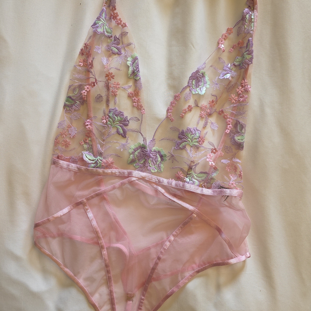 Floral Lace Bodysuit and Garter in Pink and Purple